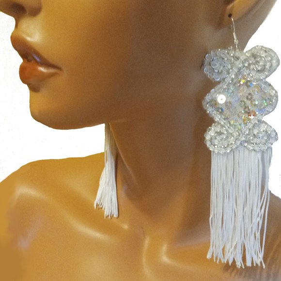 Silver Sequin And White Tassels Long Earrings, Long Silver Earrings - Picture 1 of 4